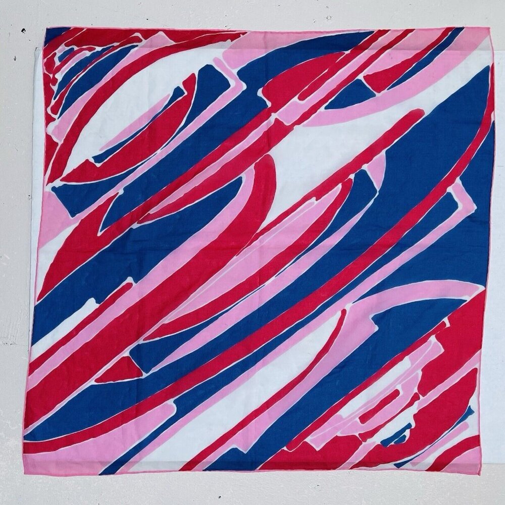 Mod Square Scarf 26.5 in Pink Red White Blue Geometric Swirl‎ Hand Stitch Edges